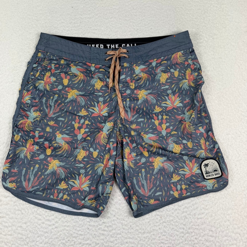 Howler Bros Board Shorts Mens 34 Blue Rooster Cactus Print Swim Trunks